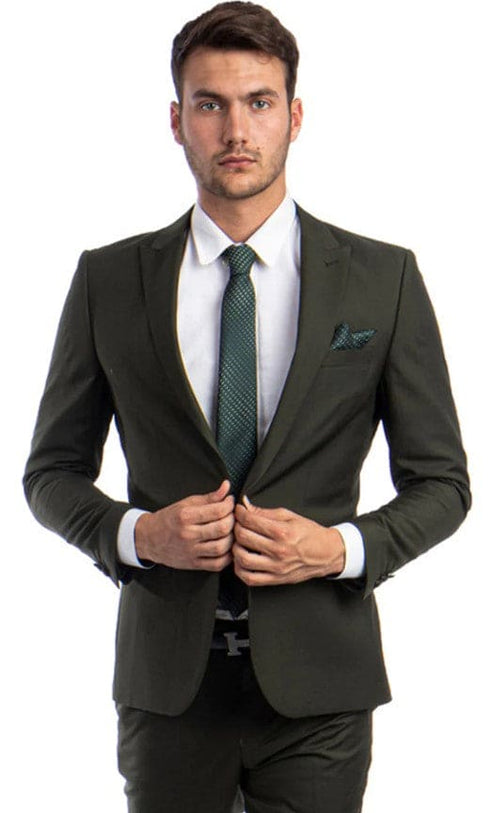 Men's One Button Peak Lapel Side Vent Basic Skinny Slim Fit Suit in Dark Olive Green