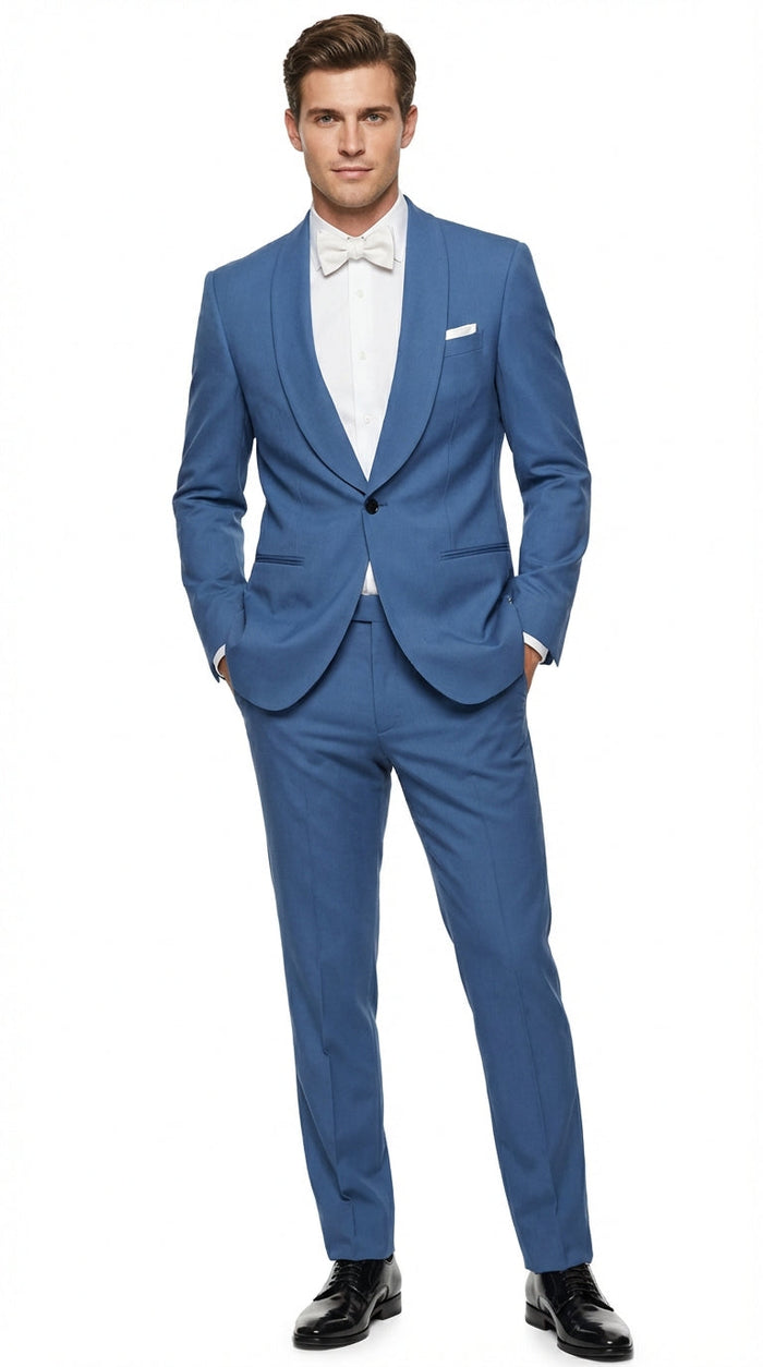 Men’s Sky Blue Suit with Shawl Lapel – Formal Wedding and Prom Dinner Jacket Set, Steel Blue Color