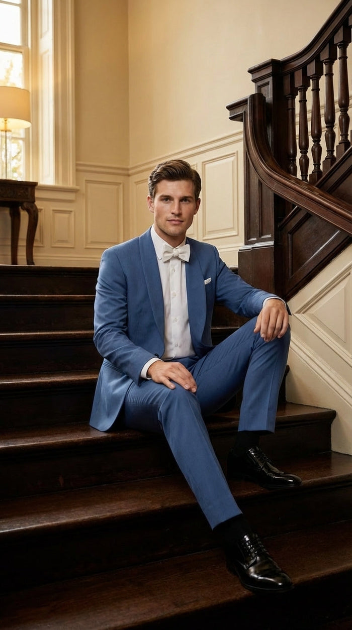 Men’s Sky Blue Suit with Shawl Lapel – Formal Wedding and Prom Dinner Jacket Set, Steel Blue Color