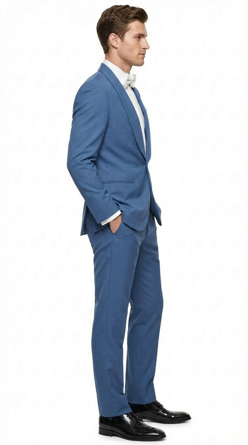 Men's Sky Blue Tuxedo Suit with Shawl Lapel, Formal Wedding and Prom Dinner Jacket Set - Steel Blue Color