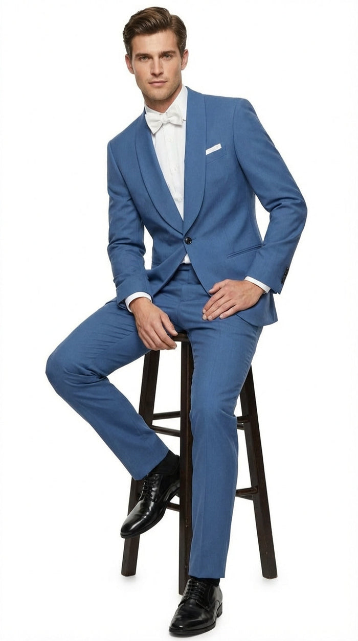 Men’s Sky Blue Suit with Shawl Lapel – Formal Wedding and Prom Dinner Jacket Set, Steel Blue Color