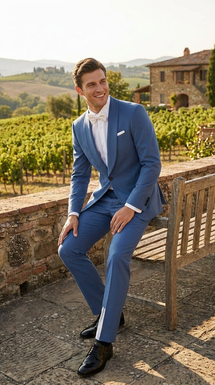 Men’s Sky Blue Suit with Shawl Lapel – Formal Wedding and Prom Dinner Jacket Set, Steel Blue Color