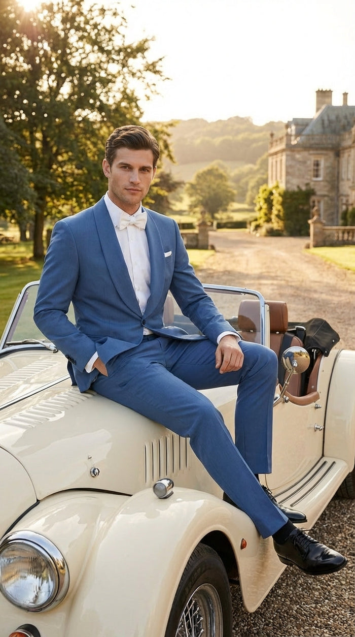 Men’s Sky Blue Suit with Shawl Lapel – Formal Wedding and Prom Dinner Jacket Set, Steel Blue Color