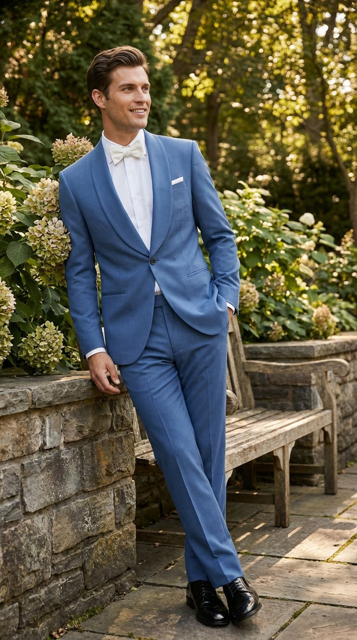 Men’s Sky Blue Suit with Shawl Lapel – Formal Wedding and Prom Dinner Jacket Set, Steel Blue Color