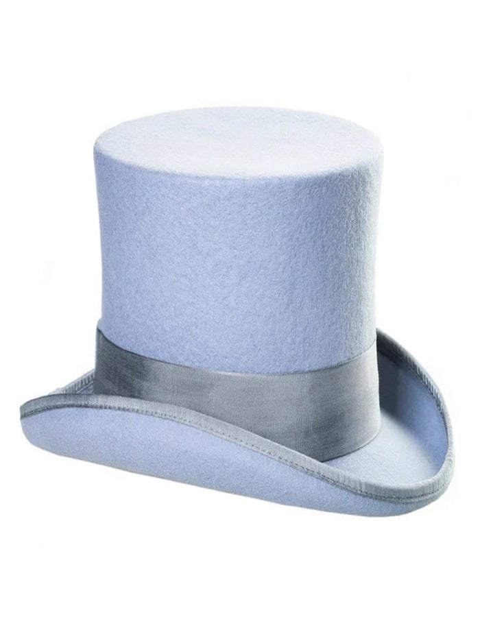Sky blue Victorian steampunk top hat. Cylindrical crown, wide brim. Loden felt construction with matching satin ribbon. Classic steampunk aesthetic.

