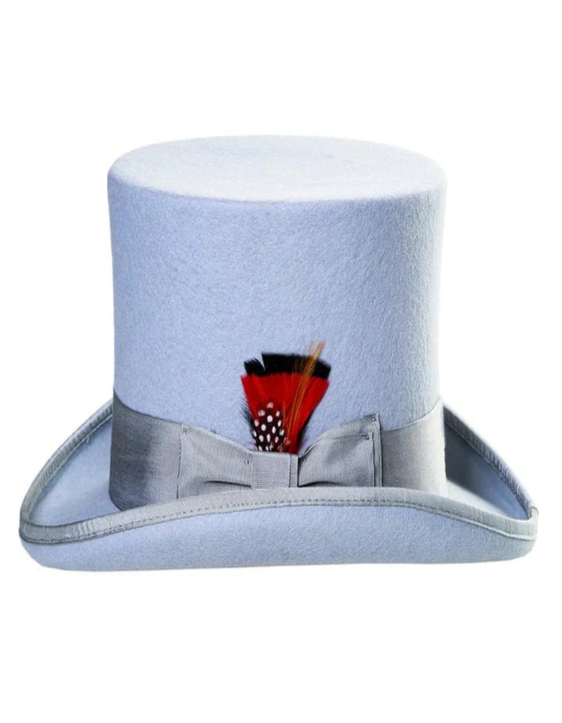 Sky blue Victorian steampunk top hat. Crafted from loden felt with a wide brim and rounded crown. Includes a decorative band with contrasting feathers.
