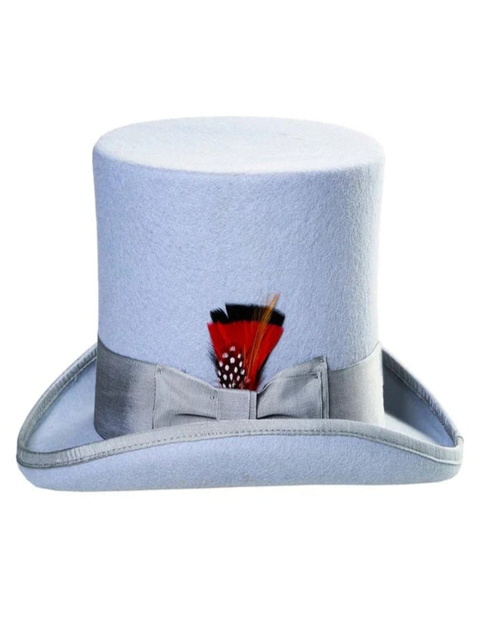 Sky blue Victorian steampunk top hat. Crafted from loden felt with a wide brim and rounded crown. Includes a decorative band with contrasting feathers.
