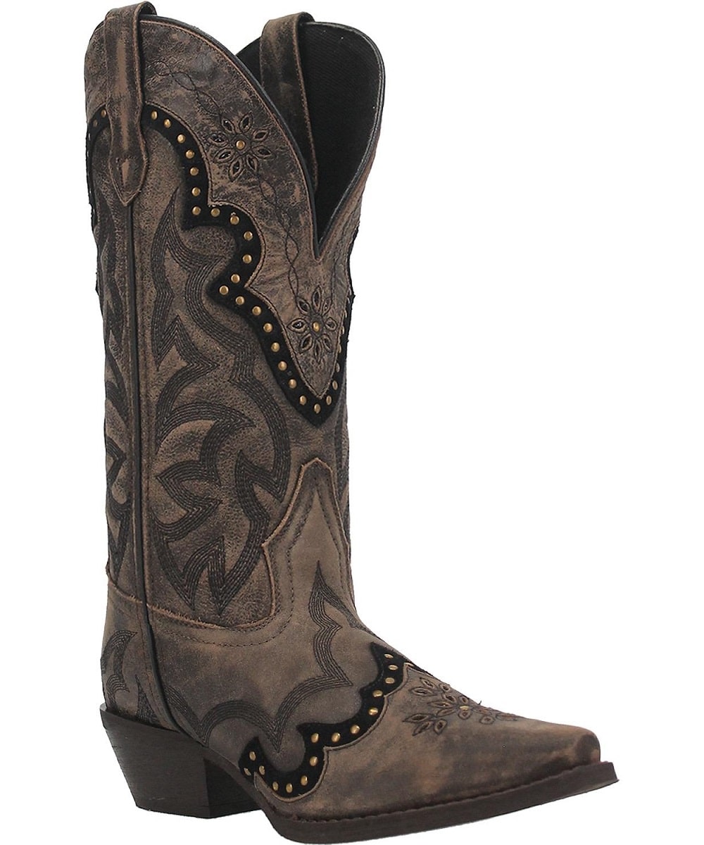 Laredo Skyla Boot: Pointed toe, mid-calf shaft with floral/scroll emboss. Dark brown on light brown. Black stitching, metal details. Elevated heel, synthetic leather.
