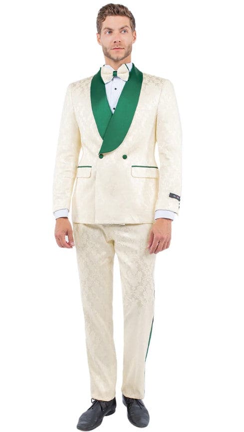 Mens Slim Fit Double Breasted Shawl Collar Prom and Wedding Tuxedo Ivory and Emerald Green