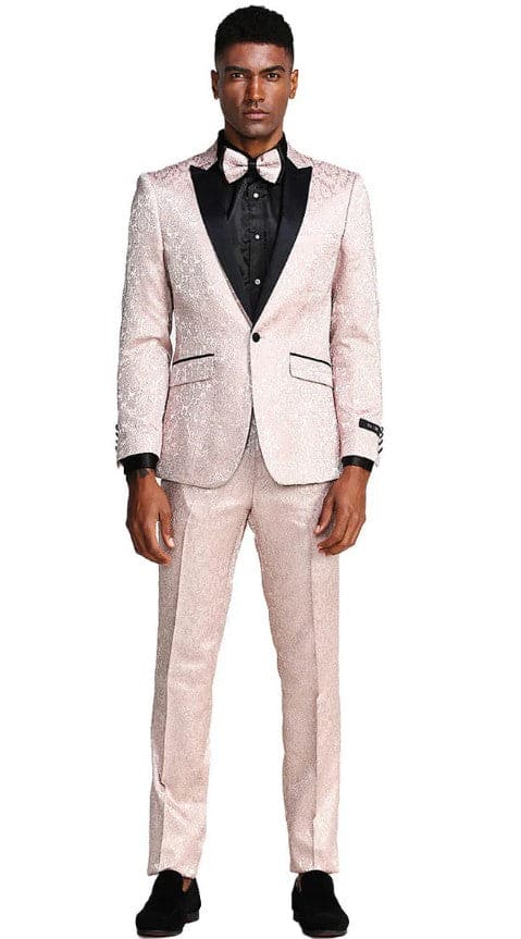 Mens One Button Slim Fit Paisley Blush Pink Wedding and Prom Tuxedo