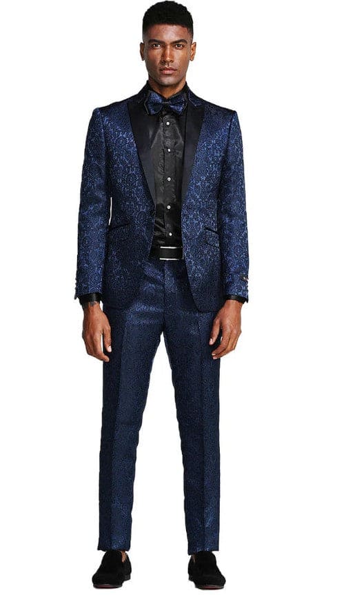 Mens One Button Slim Fit Paisley Wedding and Navy Blue Prom Tuxedo