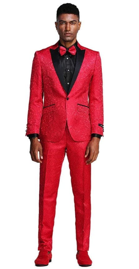 Mens One Button Slim Fit Peak Lapel Paisley Wedding and Prom Tuxedo Red