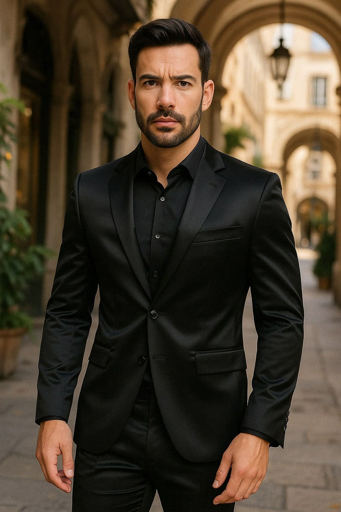 Black Satin Flex Two-Piece Suit Slim Fit Sport Coat and Matching Pants