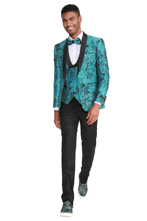 Mens Slim Fit One Button Vested Shawl Lapel Prom Tuxedo in Turquoise