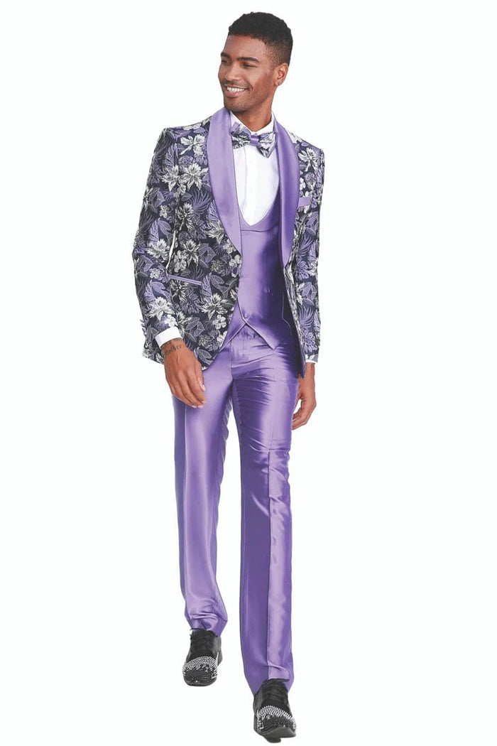 Mens Slim Fit One Button Paisley Shawl Lapel Prom Tuxedo in Purple