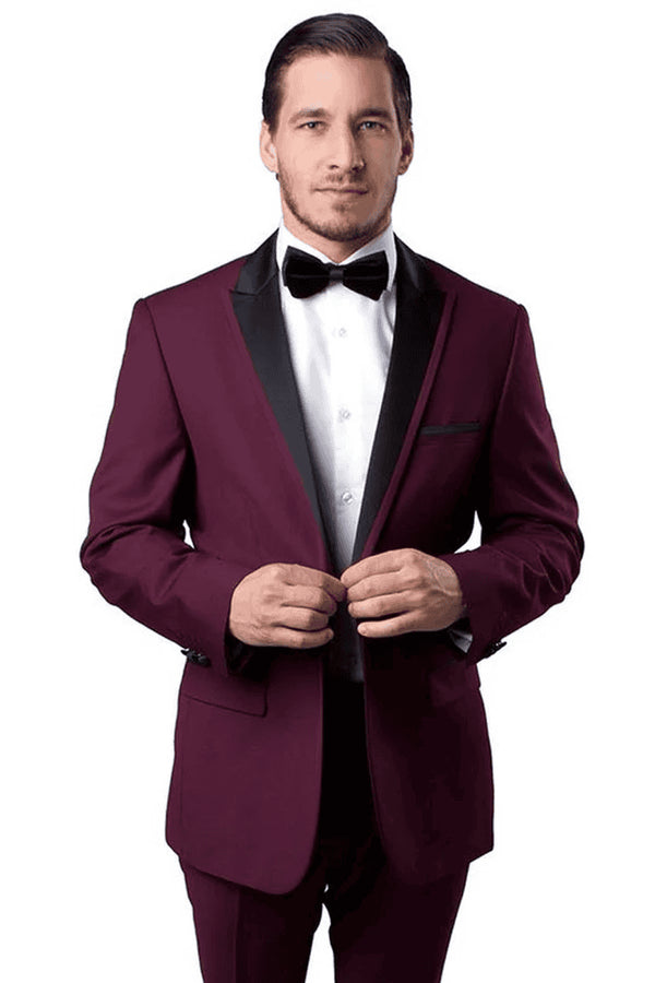 Men's Slim Fit One Button Satin Trim Peak Lapel Prom & Wedding Tuxedo In Burgundy