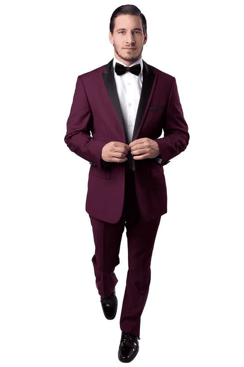 Men's Slim Fit One Button Satin Trim Peak Lapel Prom & Wedding Tuxedo In Burgundy