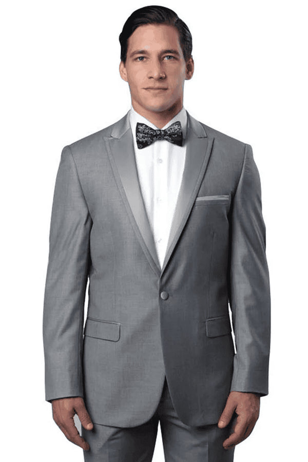 Men's Slim Fit One Button Satin Trim Peak Lapel Prom & Wedding Tuxedo In Grey