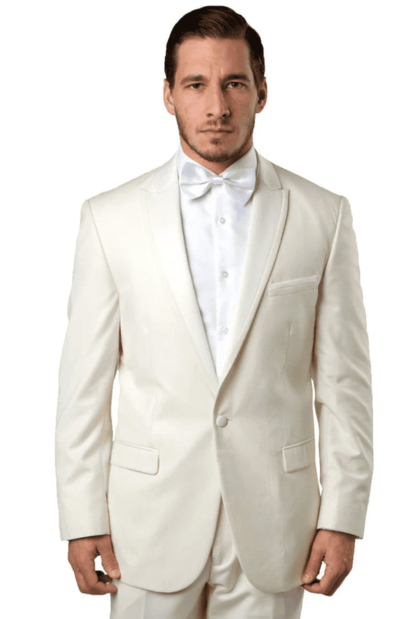 Men's Slim Fit One Button Satin Trim Peak Lapel Prom & Wedding Tuxedo In Ivory