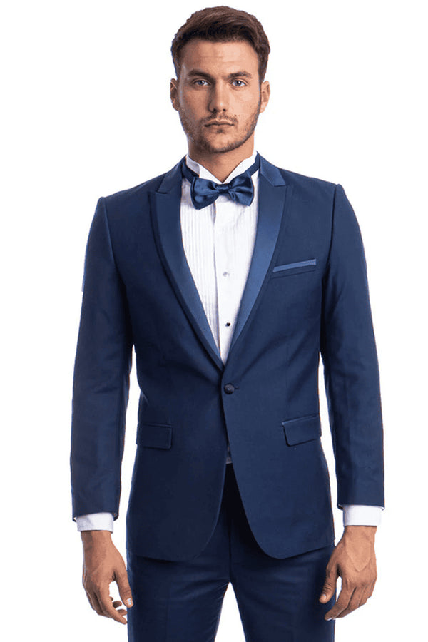 Men's Slim Fit One Button Satin Trim Peak Lapel Prom & Wedding Tuxedo In Cobalt Blue