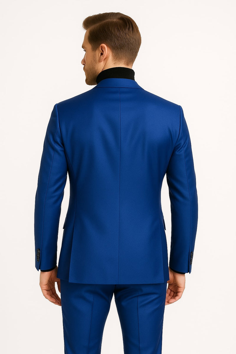 Men’s Royal Blue Shiny Satin Suit – 2-Piece Slim Fit with Peak Lapel