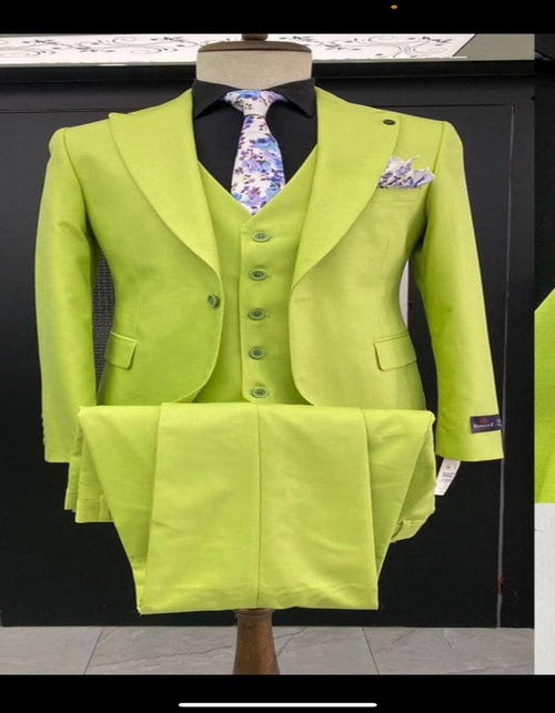 Men's Lime Green Three-Piece Suit with Floral Tie â€“ Slim Fit Tuxedo for Weddings & Parties
