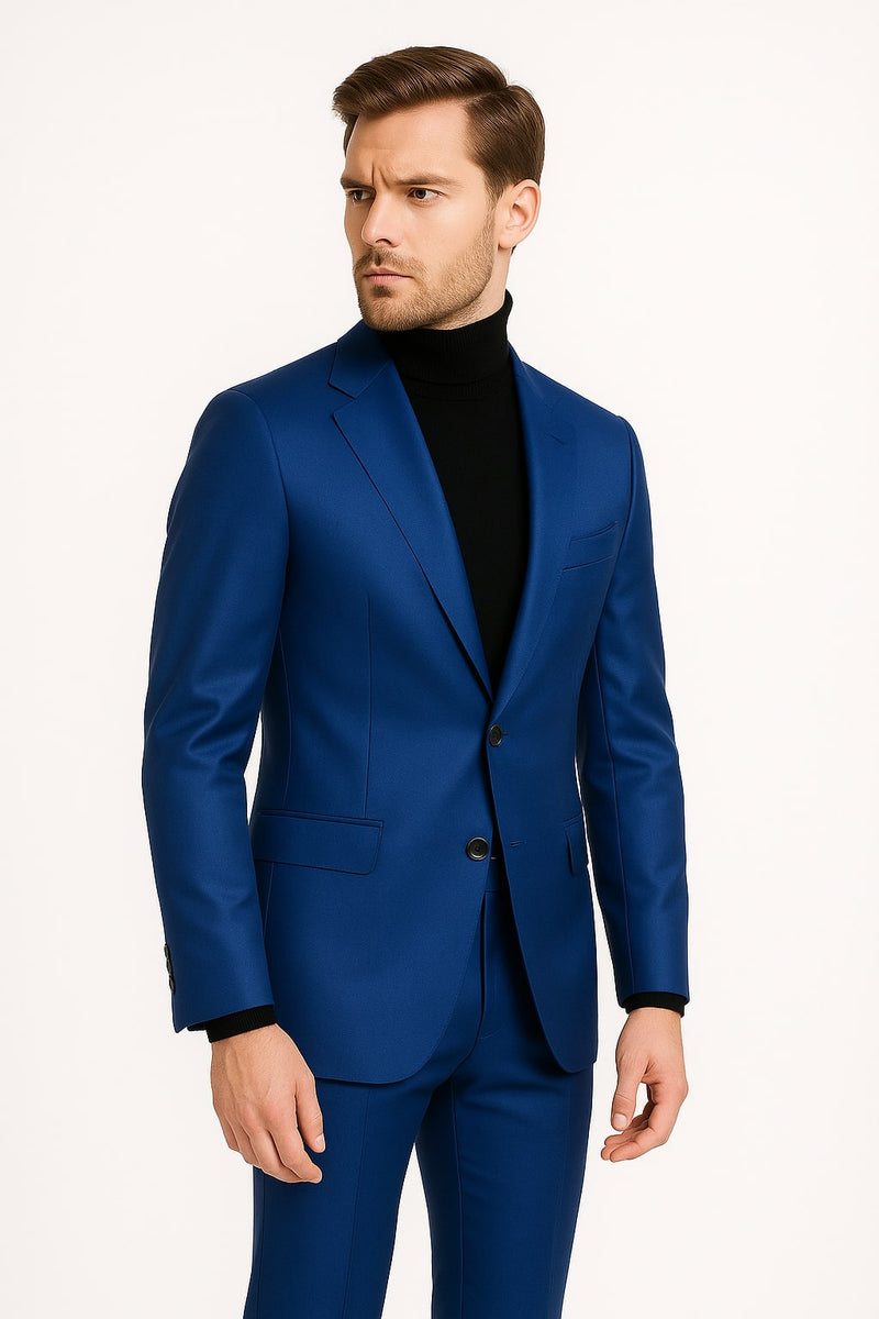 Men’s Royal Blue Shiny Satin Suit – 2-Piece Slim Fit with Peak Lapel