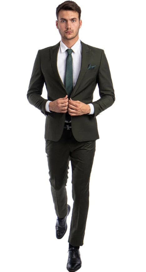 Men's One Button Peak Lapel Side Vent Basic Skinny Slim Fit Suit in Dark Olive Green