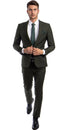 Men's One Button Peak Lapel Side Vent Basic Skinny Slim Fit Suit in Dark Olive Green