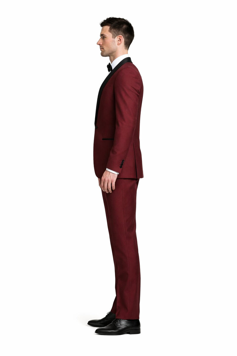Mens Slim Fit 1 Button Shawl Tuxedo in Burgundy