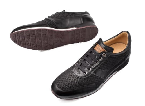 Mezlan Maxim dress sneaker: Black calfskin & suede. Flat sole, textured rubber bottom. Patterned upper, smooth toe cap, six eyelets.
