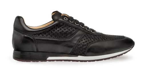 Mezlan Maxim black calfskin & suede dress sneaker. Sleek, low-profile design with round toe. Combines smooth calfskin, textured suede & patterned textile. Features lace-up closure, structured heel, white midsole & dark outsole.

