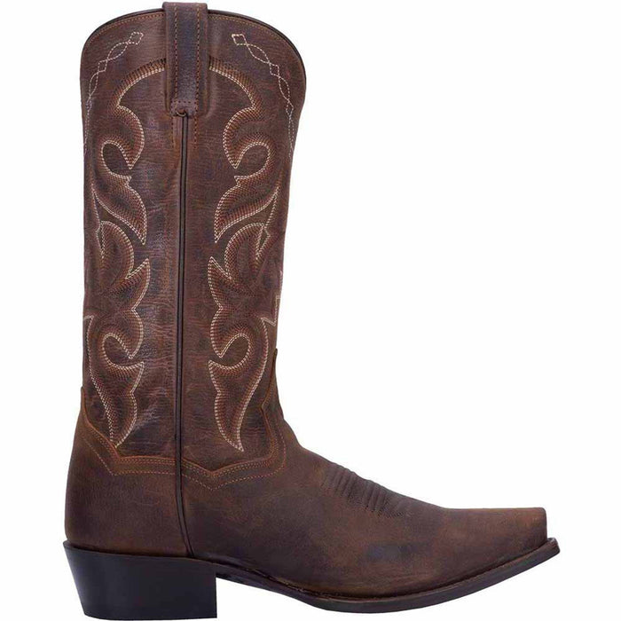 Dan Post Men's Renegade Bay Apache cowboy boot: 13" brown leather shaft with intricate stitching. Snip toe, moderate square heel, and textured upper with ornamental patterns.
