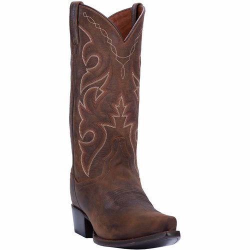 Dan Post Men's Renegade Bay Apache cowboy boot: distressed brown leather, snip toe, detailed shaft stitching. Features a tall, narrow shape, stacked heel, and smooth interior. Structured appearance.
