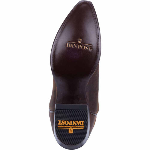 Dan Post Renegade Bay Apache cowboy boots. Men's 13" snip toe, dark brown leather with a smooth finish. Branded sole with rubber tread for grip.