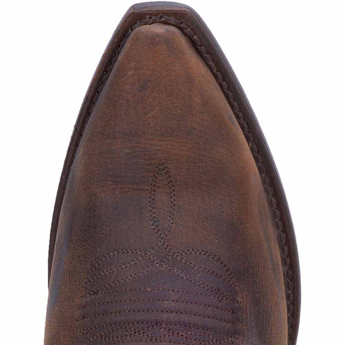Dan Post Renegade Bay Apache cowboy boots. Men's 13" snip toe boots. Brown leather upper with embossed pattern. Visible edge stitching.