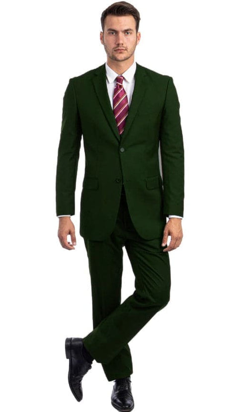 Men's Vested Two Button Notch Lapel Modern Fit Solid Color Wedding Suit in Hunter Green