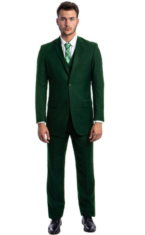 Men's Vested Two Button Notch Lapel Solid Color Wedding and Business Suit in Hunter Green