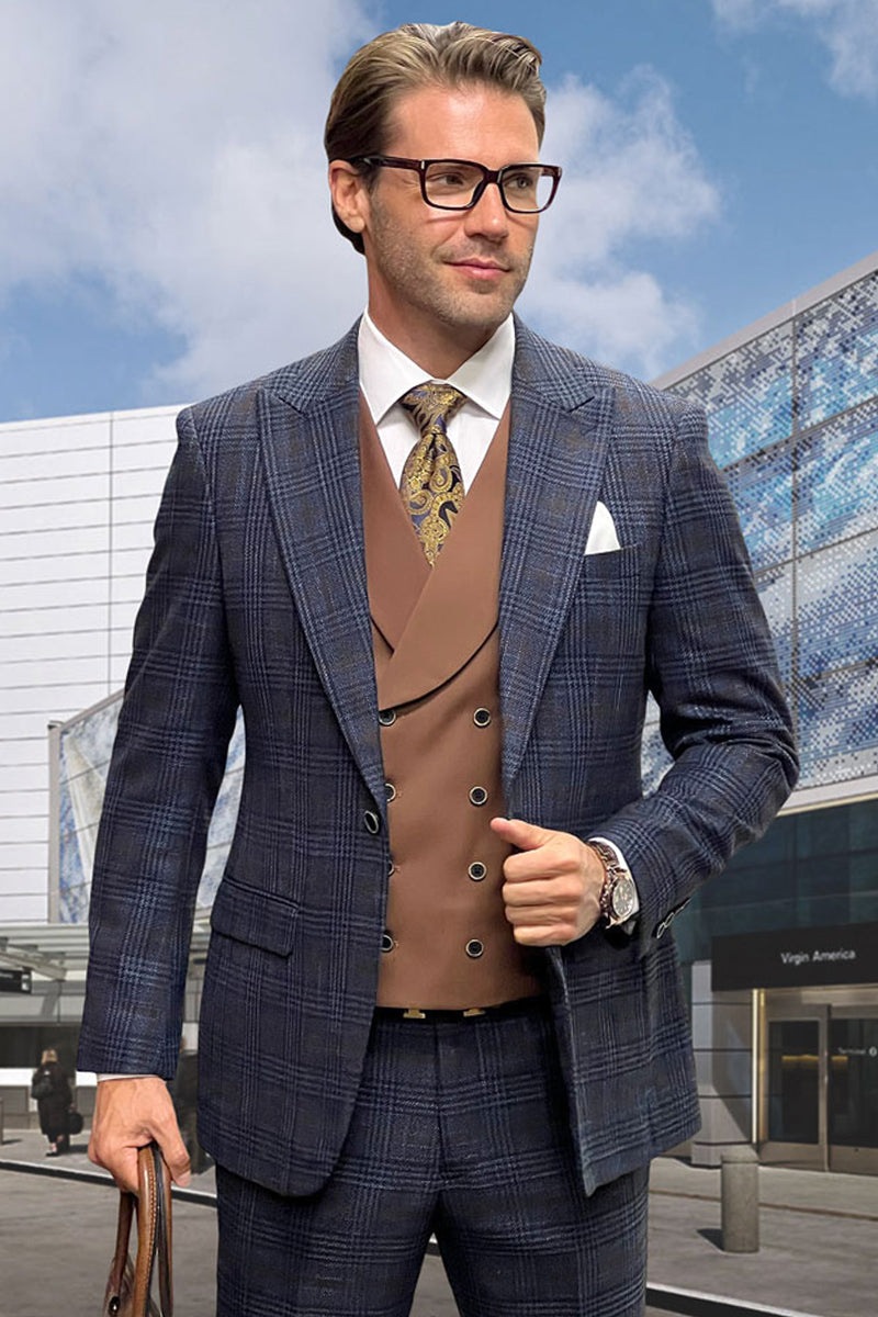 Midnight blue glenplaid wool men's suit. Features double-breasted vest, notch lapel jacket, and slim fit. Textured pattern with button details and pockets. Designer quality.
