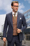 Midnight blue glenplaid wool men's suit. Features double-breasted vest, notch lapel jacket, and slim fit. Textured pattern with button details and pockets. Designer quality.
