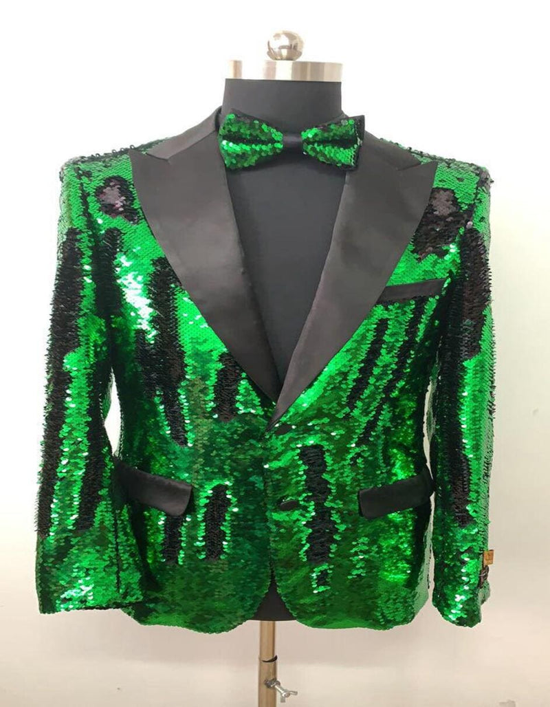 Men's Green Sequin Tuxedo Jacket with Black Satin Lapel and Bow Tie â€“ Sparkling Party and Stage Blazer By Alberto Nardoni