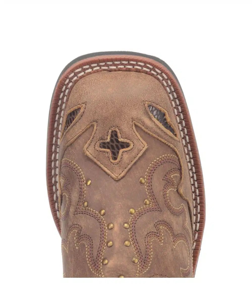 Laredo Spellbound women's boot: Dusty brown leather, rounded toe, raised profile. Decorative stitching, embossed diamond/cross, gold studs, cut-outs. Beige stitching, flat, sturdy sole for stability.
