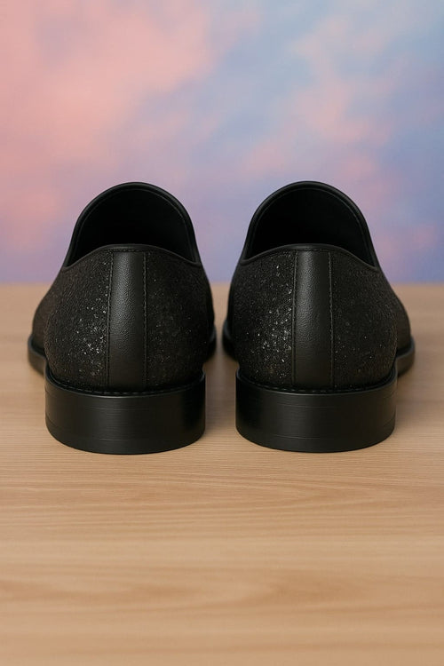 Men's Black Glitter Loafers with Spike Studded Toe â€“ Designer Slip-On Dress Shoes for Parties and Events