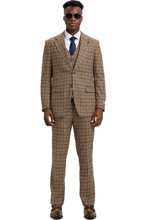 Men's Stacy Adams Vested Modern Fit Houndstooth Glen Plaid  in Camel & Green Suit