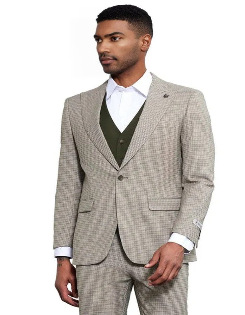 Men's Stacy Adams One Button Peak Lapel Vested Olive Green Suit