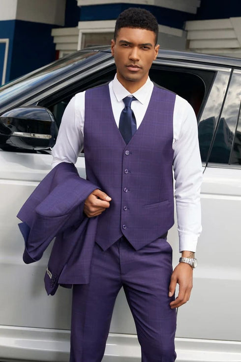 Cheap Purple Suit For Men - Church Suit - Men's Stacy Adam's Two Button Vested Business Dark Purple Plaid Suit