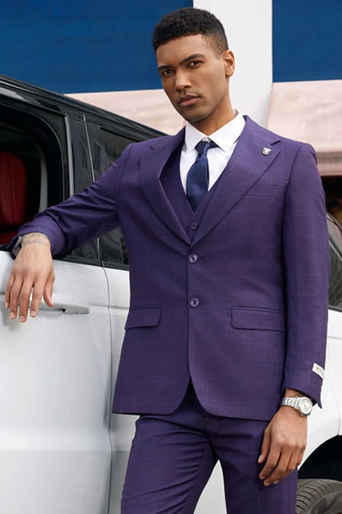 Cheap Purple Suit For Men - Church Suit - Men's Stacy Adam's Two Button Vested Business Dark Purple Plaid Suit