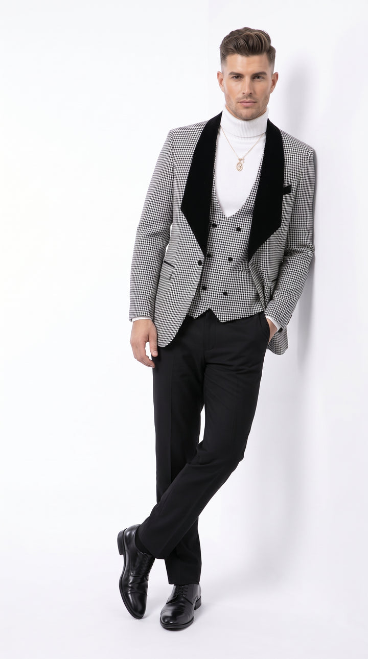 Men's Black & White Houndstooth 3-Piece Tuxedo Suit – One Button Shawl Lapel Vested Formal Wedding Suit