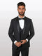 The men's black shawl lapel vested tuxedo is crafted from 100% wool, featuring a sleek, fitted silhouette with a three-button vest, shawl lapels, and a tailored jacket.