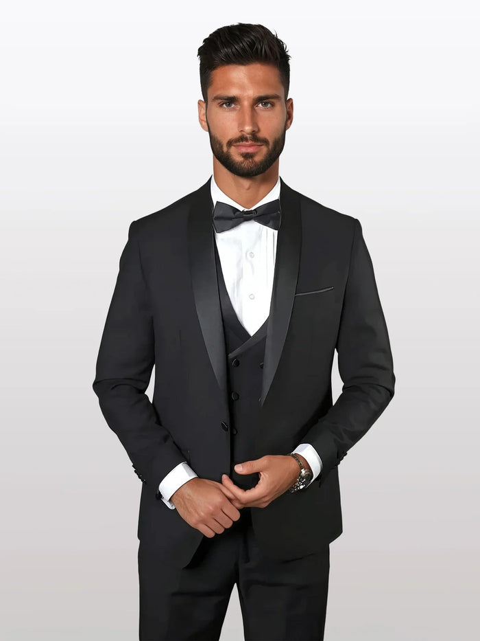The men's black shawl lapel vested tuxedo is crafted from 100% wool, featuring a sleek, fitted silhouette with a three-button vest, shawl lapels, and a tailored jacket.